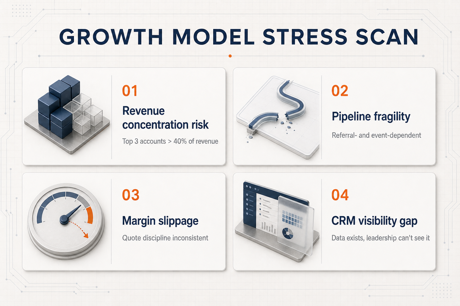 Growth model stress scan showing revenue concentration risk, pipeline fragility, margin slippage, and CRM visibility gap.